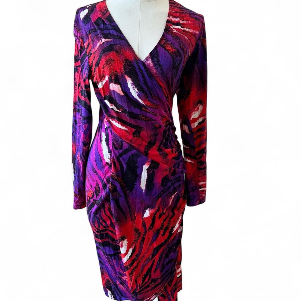 Cache Women's Bodycon Wrap Dress Y2K Abstract Tropical Vibrant Print - Large